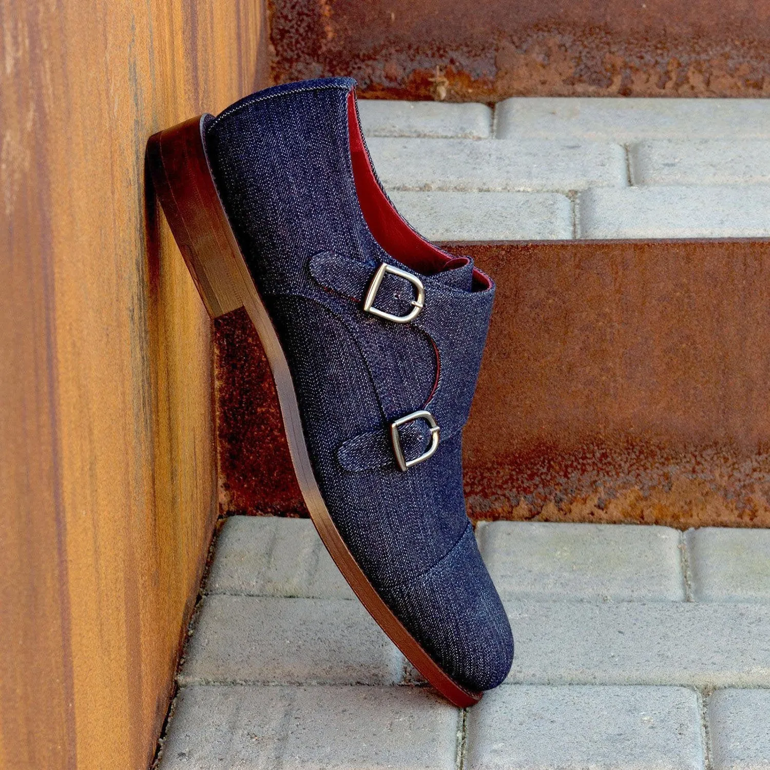 Ambrogio Bespoke Men's Handmade Custom Shoes Blue Jeans Sartorial Monk-Straps Loafers (AMB1367)