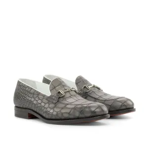 Ambrogio Bespoke Men's Shoes Gray Crocodile Print Leather Dress Horsebit Loafers (AMB2233)