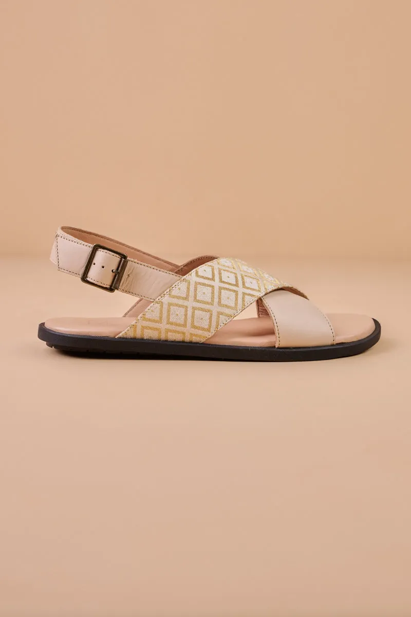 Beige Slingback Sandals With Brocade Detailing