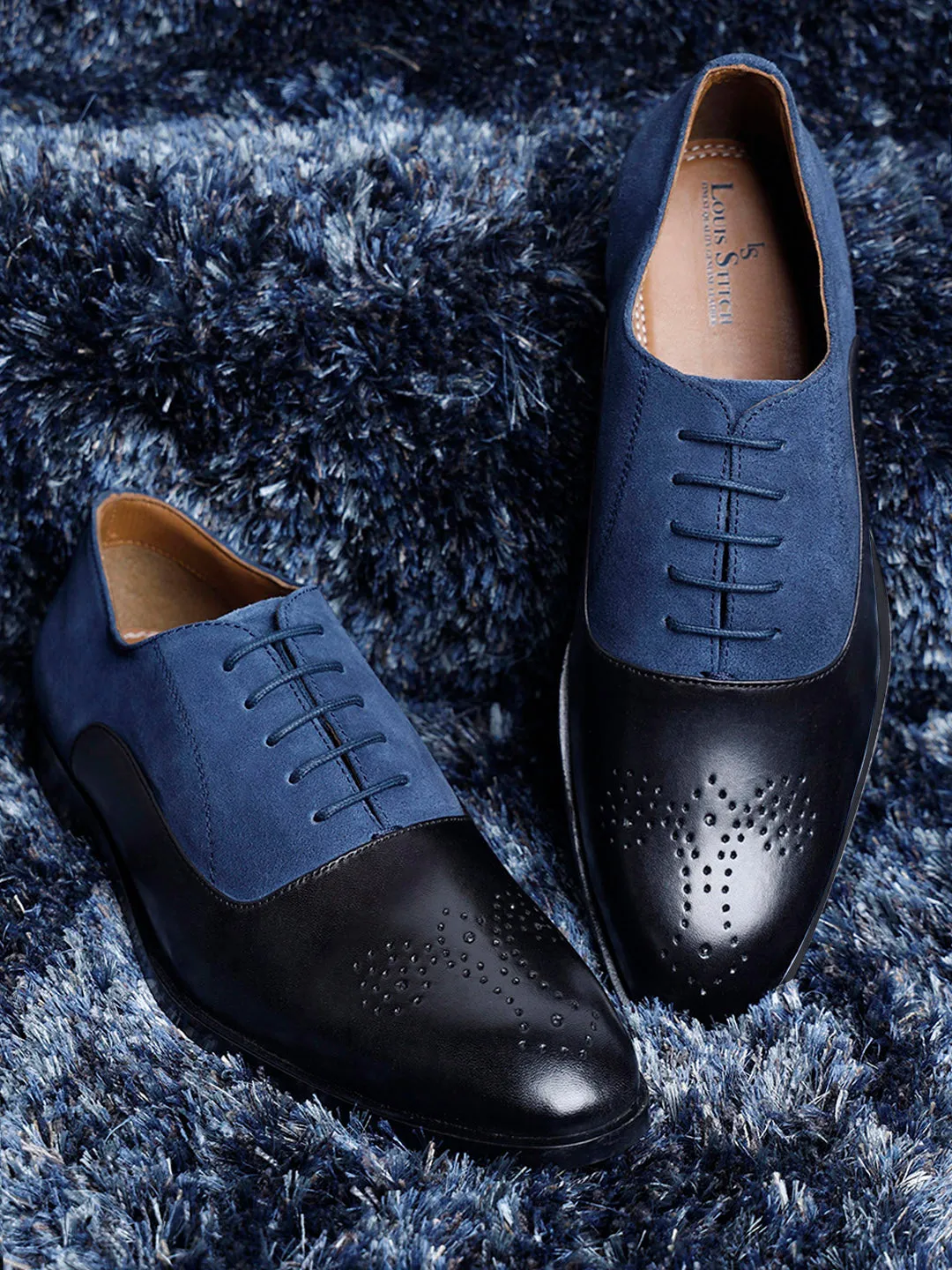 Blue and Black Handmade Italian Leather Formal Brogues Shoes