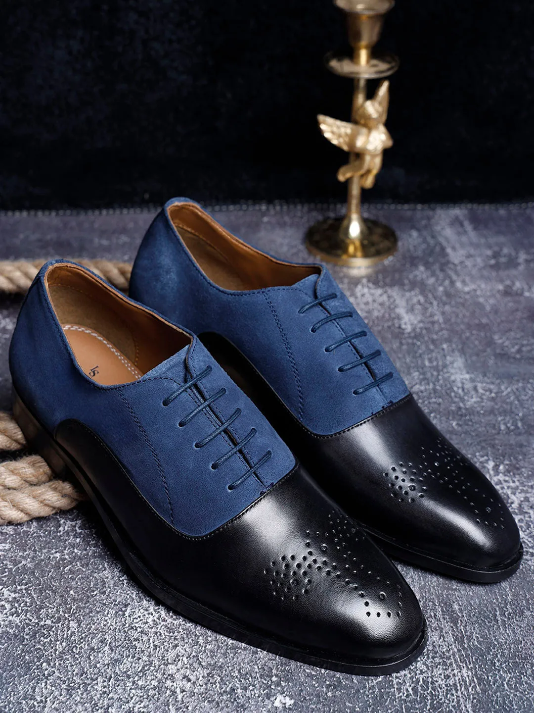 Blue and Black Handmade Italian Leather Formal Brogues Shoes