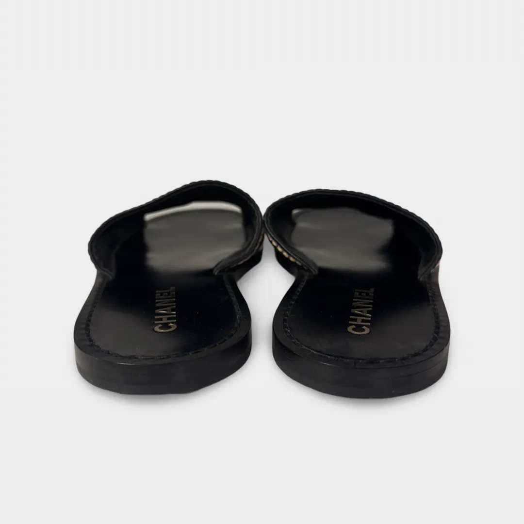 Chanel Women's Black with pink and yellow embroidery Slide Sandals