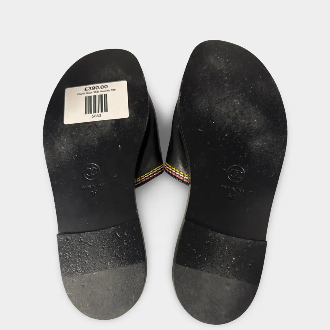 Chanel Women's Black with pink and yellow embroidery Slide Sandals