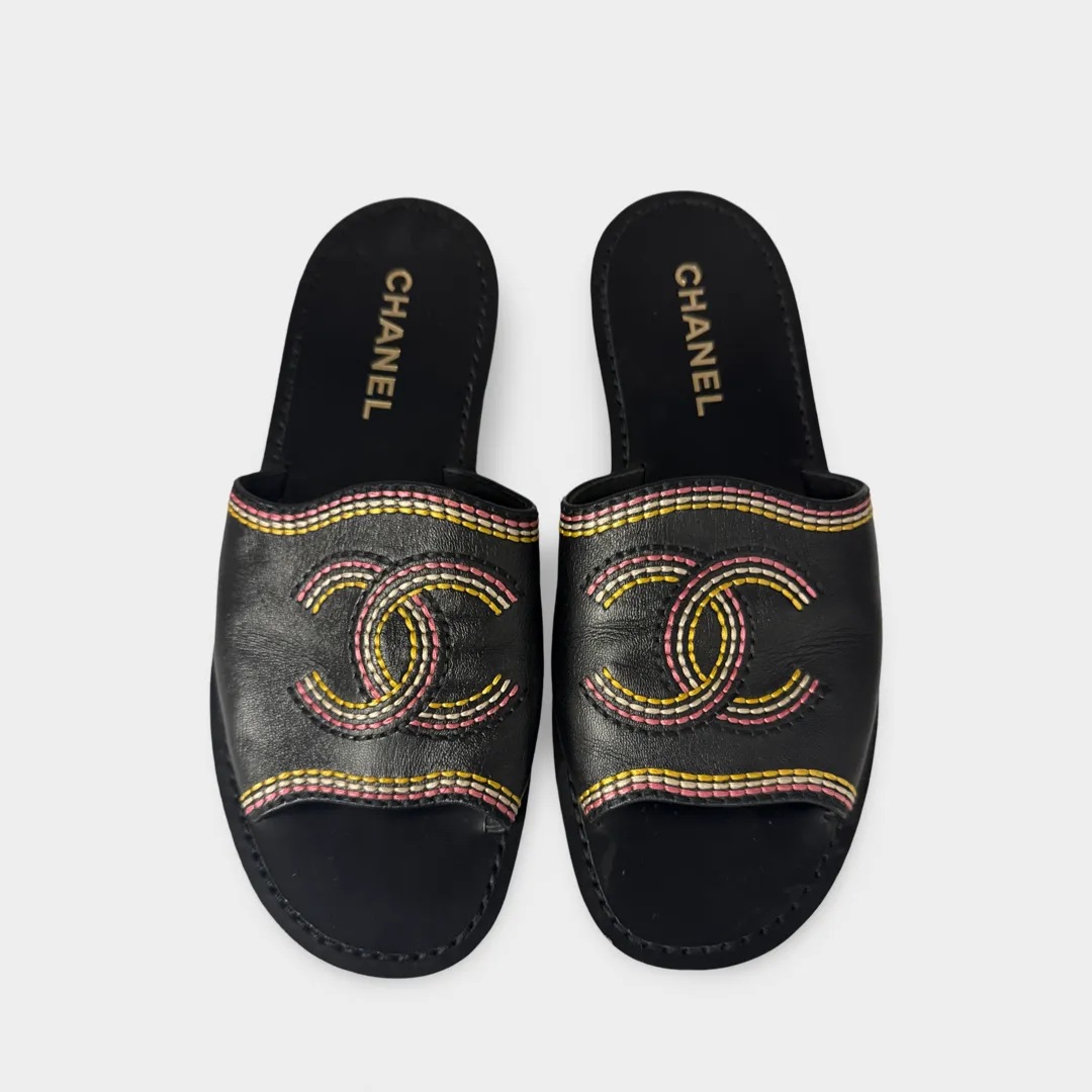 Chanel Women's Black with pink and yellow embroidery Slide Sandals