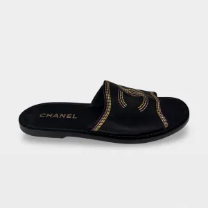 Chanel Women's Black with pink and yellow embroidery Slide Sandals