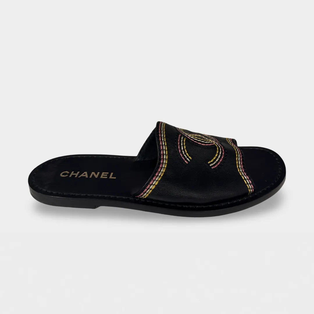 Chanel Women's Black with pink and yellow embroidery Slide Sandals