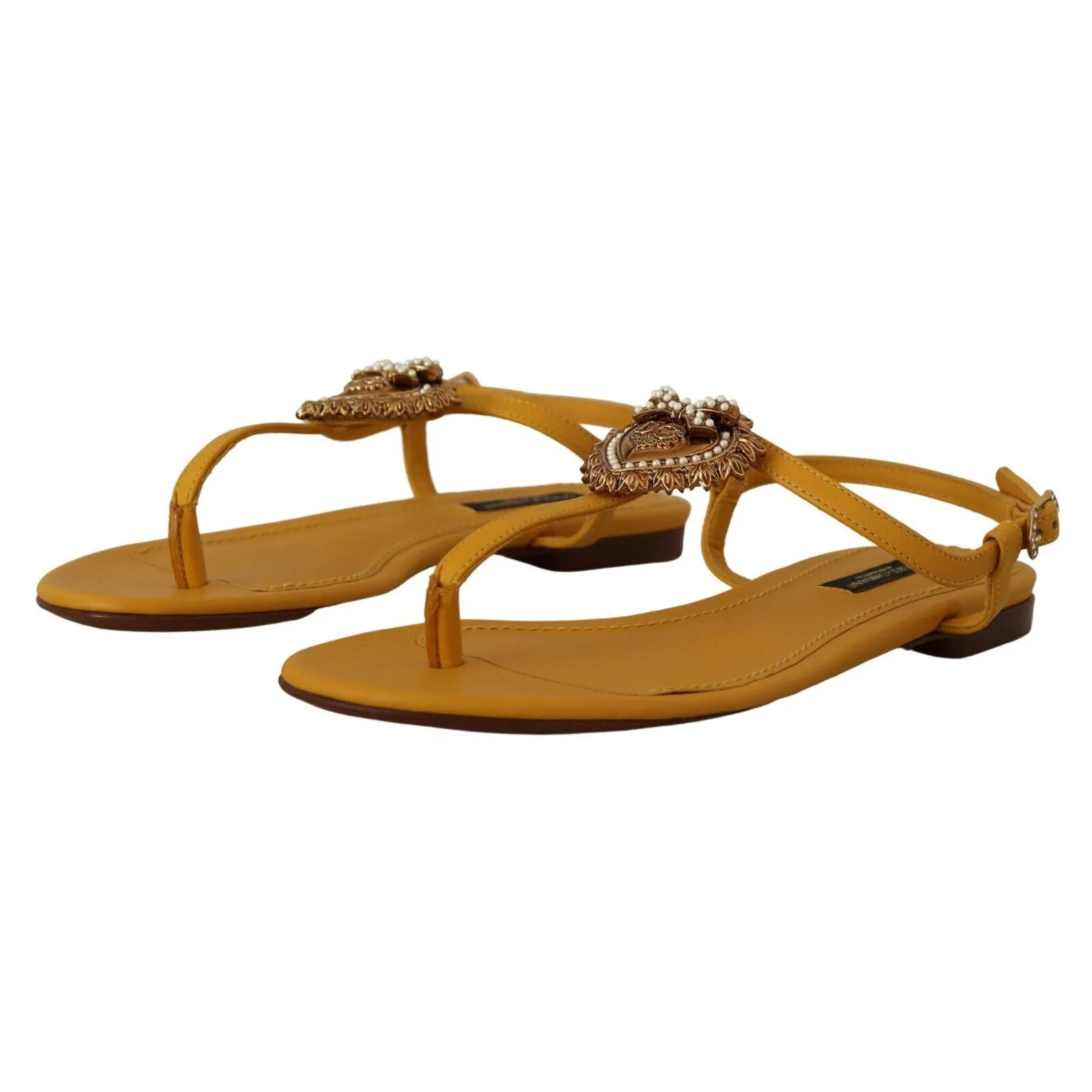 Dolce & Gabbana Mustard T-Strap Flat Sandals with Heart Embellishment