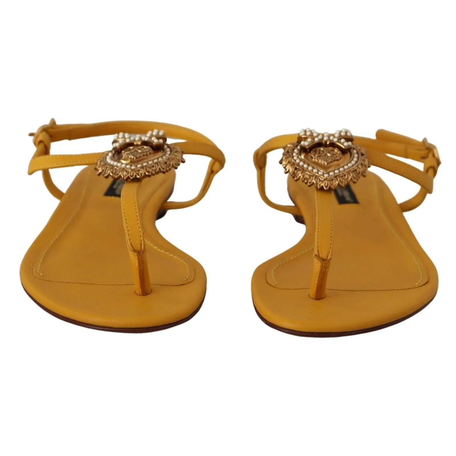 Dolce & Gabbana Mustard T-Strap Flat Sandals with Heart Embellishment
