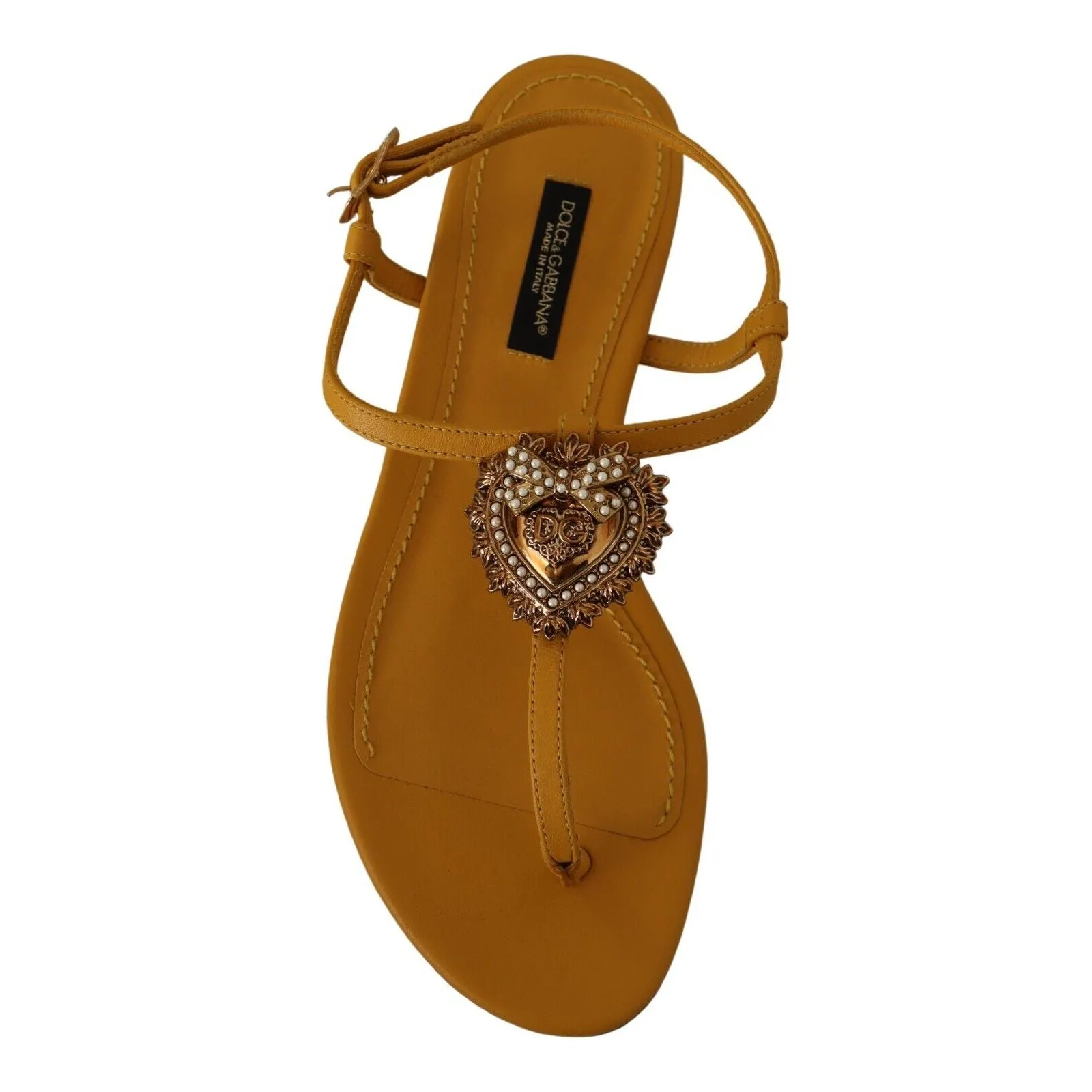 Dolce & Gabbana Mustard T-Strap Flat Sandals with Heart Embellishment