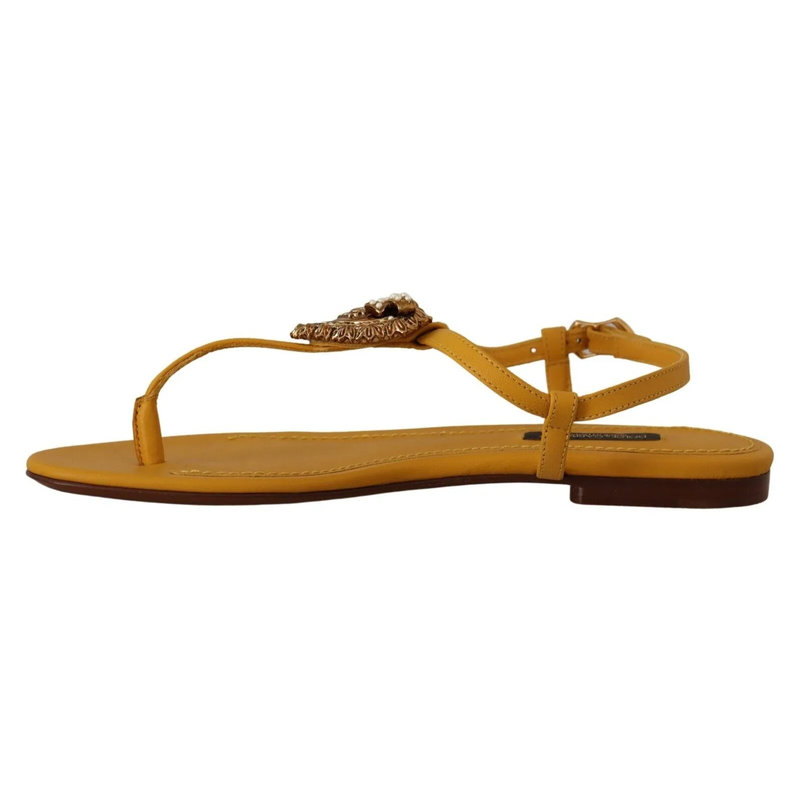 Dolce & Gabbana Mustard T-Strap Flat Sandals with Heart Embellishment