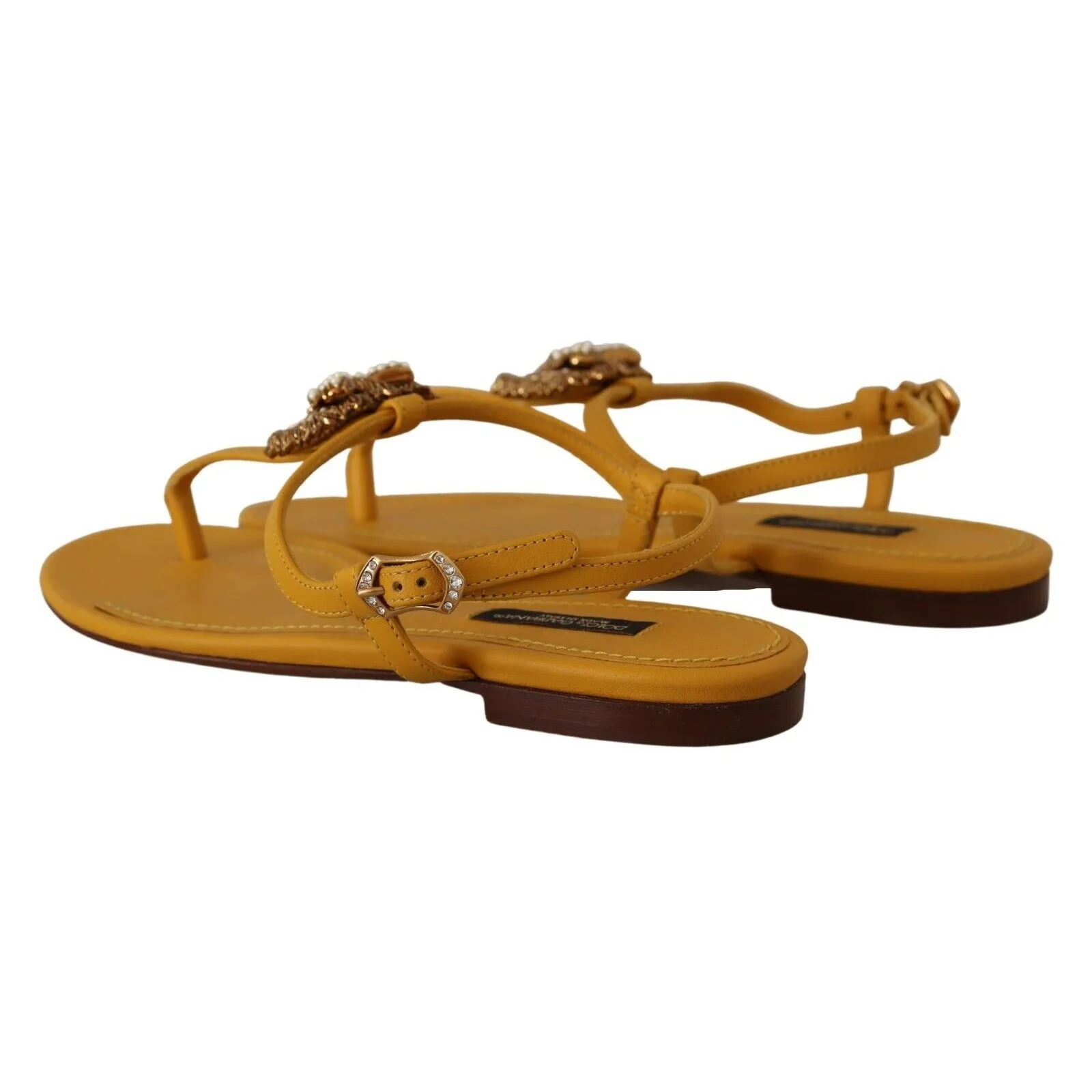 Dolce & Gabbana Mustard T-Strap Flat Sandals with Heart Embellishment