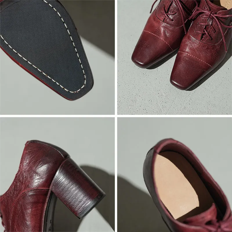 Elegant Washed Horse Leather Square Toe Lace-Up 65mm Block Heel Oxfords Grey/Black/Red