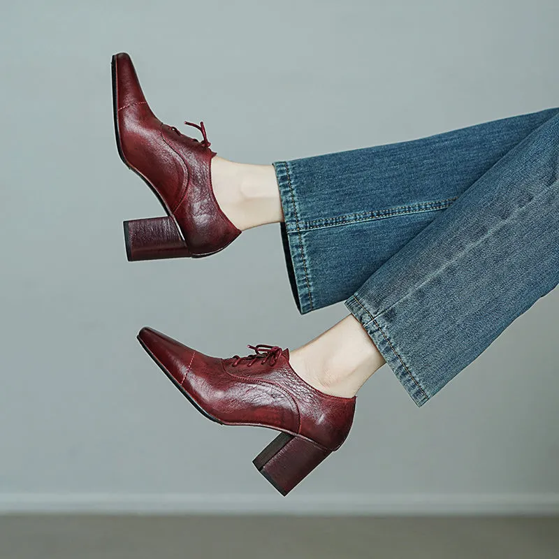 Elegant Washed Horse Leather Square Toe Lace-Up 65mm Block Heel Oxfords Grey/Black/Red