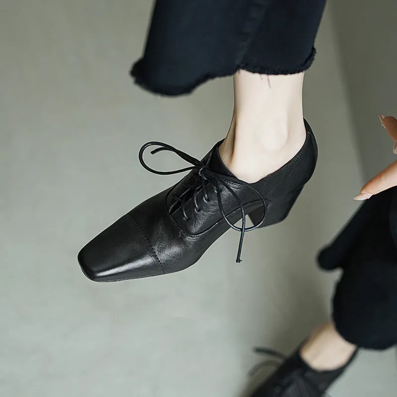 Elegant Washed Horse Leather Square Toe Lace-Up 65mm Block Heel Oxfords Grey/Black/Red