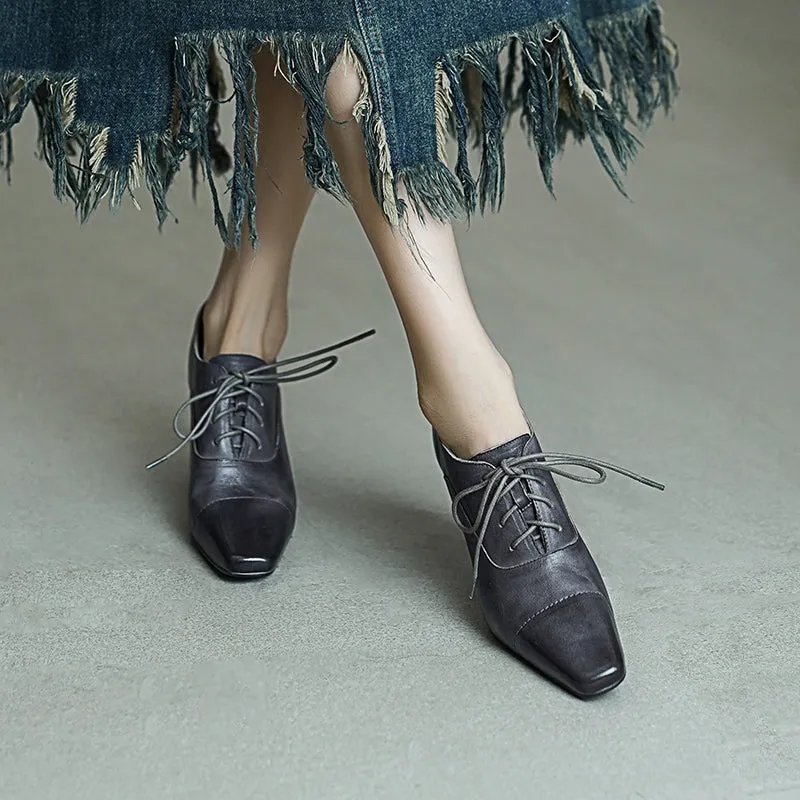 Elegant Washed Horse Leather Square Toe Lace-Up 65mm Block Heel Oxfords Grey/Black/Red