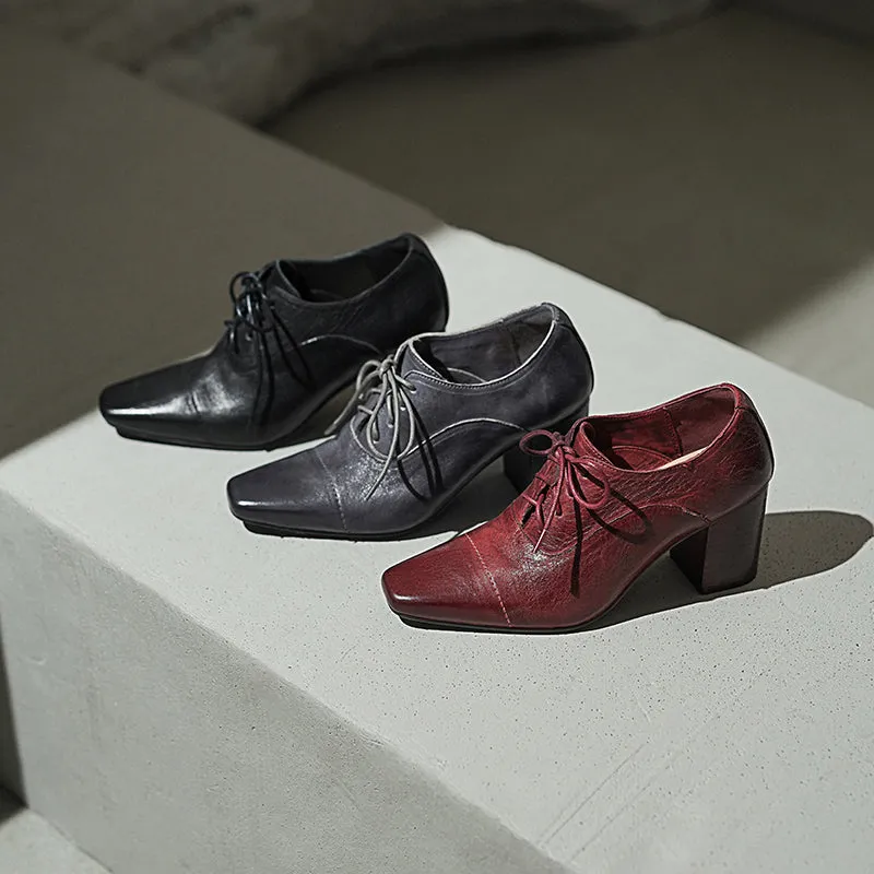 Elegant Washed Horse Leather Square Toe Lace-Up 65mm Block Heel Oxfords Grey/Black/Red
