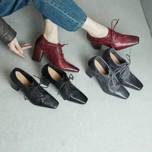 Elegant Washed Horse Leather Square Toe Lace-Up 65mm Block Heel Oxfords Grey/Black/Red