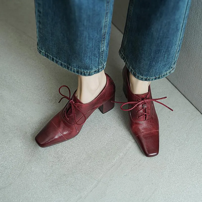 Elegant Washed Horse Leather Square Toe Lace-Up 65mm Block Heel Oxfords Grey/Black/Red