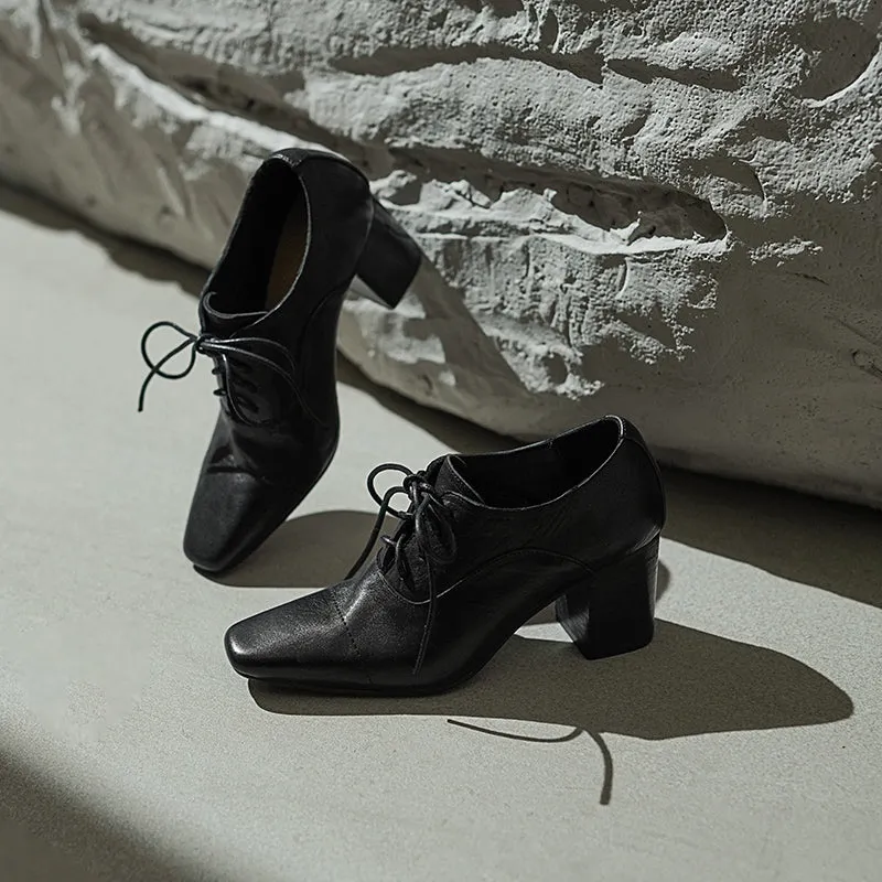 Elegant Washed Horse Leather Square Toe Lace-Up 65mm Block Heel Oxfords Grey/Black/Red