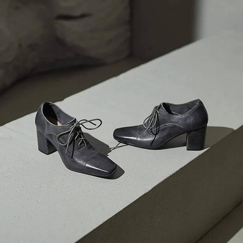 Elegant Washed Horse Leather Square Toe Lace-Up 65mm Block Heel Oxfords Grey/Black/Red