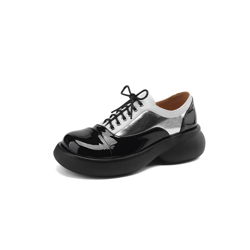 Handmade Cow Leather Color Blocking Mid Heel Oxfords For Women in Golden/Silver