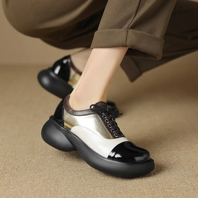 Handmade Cow Leather Color Blocking Mid Heel Oxfords For Women in Golden/Silver