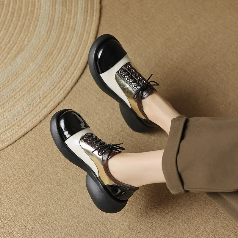 Handmade Cow Leather Color Blocking Mid Heel Oxfords For Women in Golden/Silver
