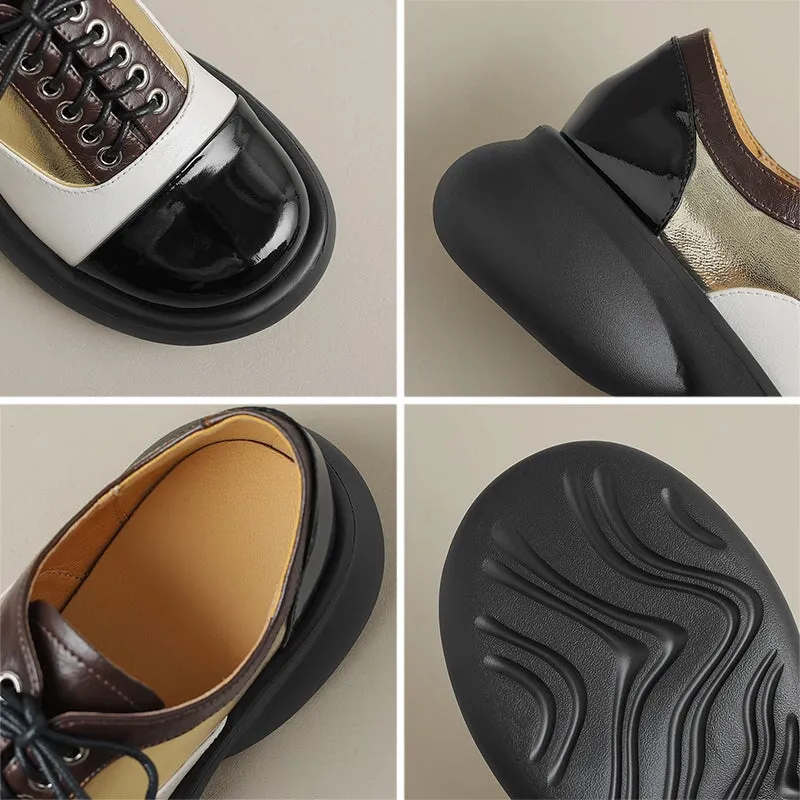 Handmade Cow Leather Color Blocking Mid Heel Oxfords For Women in Golden/Silver