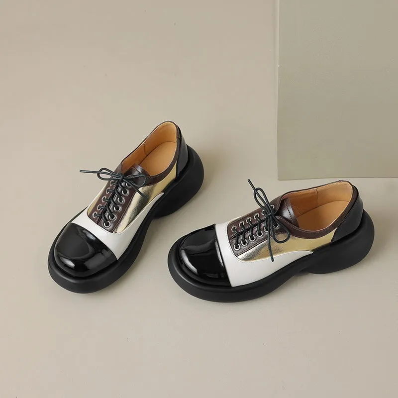 Handmade Cow Leather Color Blocking Mid Heel Oxfords For Women in Golden/Silver
