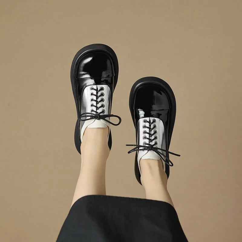 Handmade Cow Leather Color Blocking Mid Heel Oxfords For Women in Golden/Silver