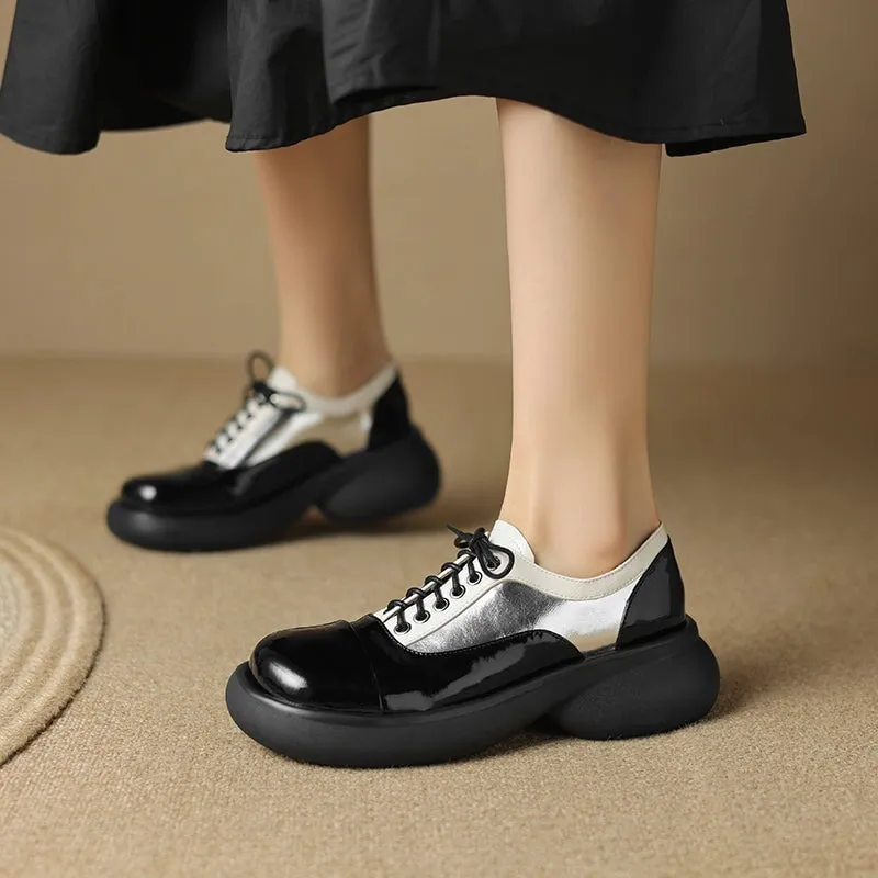 Handmade Cow Leather Color Blocking Mid Heel Oxfords For Women in Golden/Silver