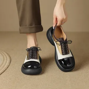 Handmade Cow Leather Color Blocking Mid Heel Oxfords For Women in Golden/Silver