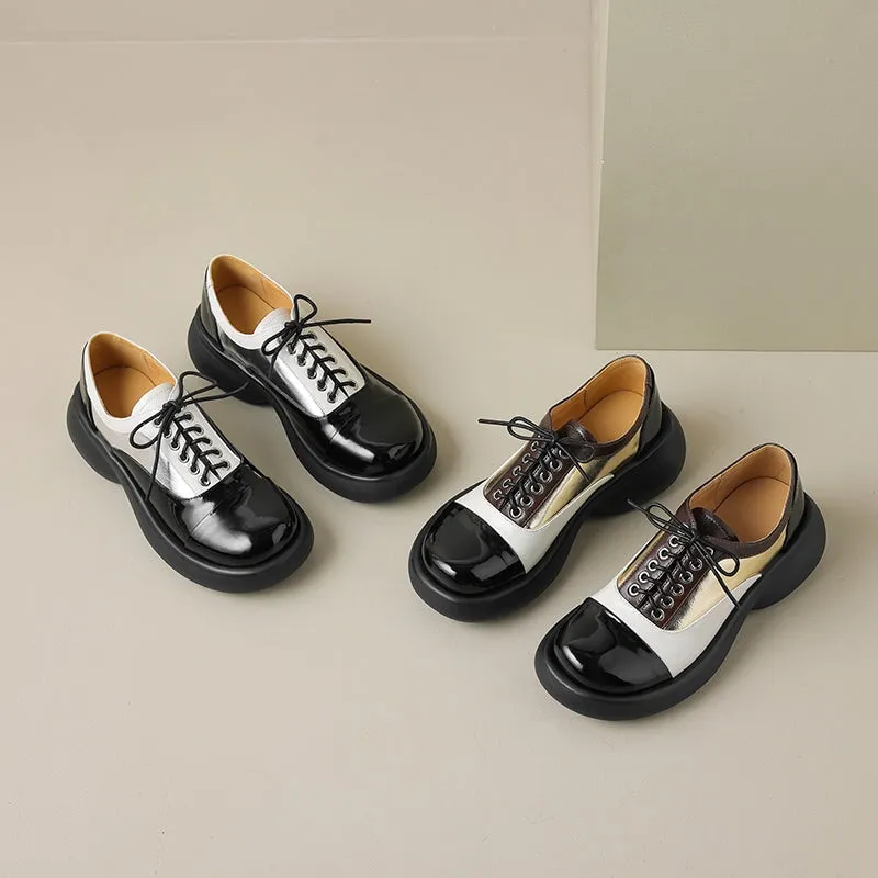 Handmade Cow Leather Color Blocking Mid Heel Oxfords For Women in Golden/Silver