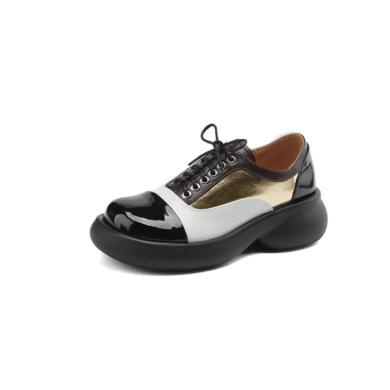 Handmade Cow Leather Color Blocking Mid Heel Oxfords For Women in Golden/Silver