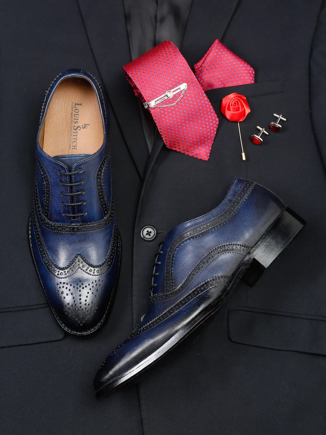 Men's Premium Italian Leather Handcrafted Blue Brogue Shoes