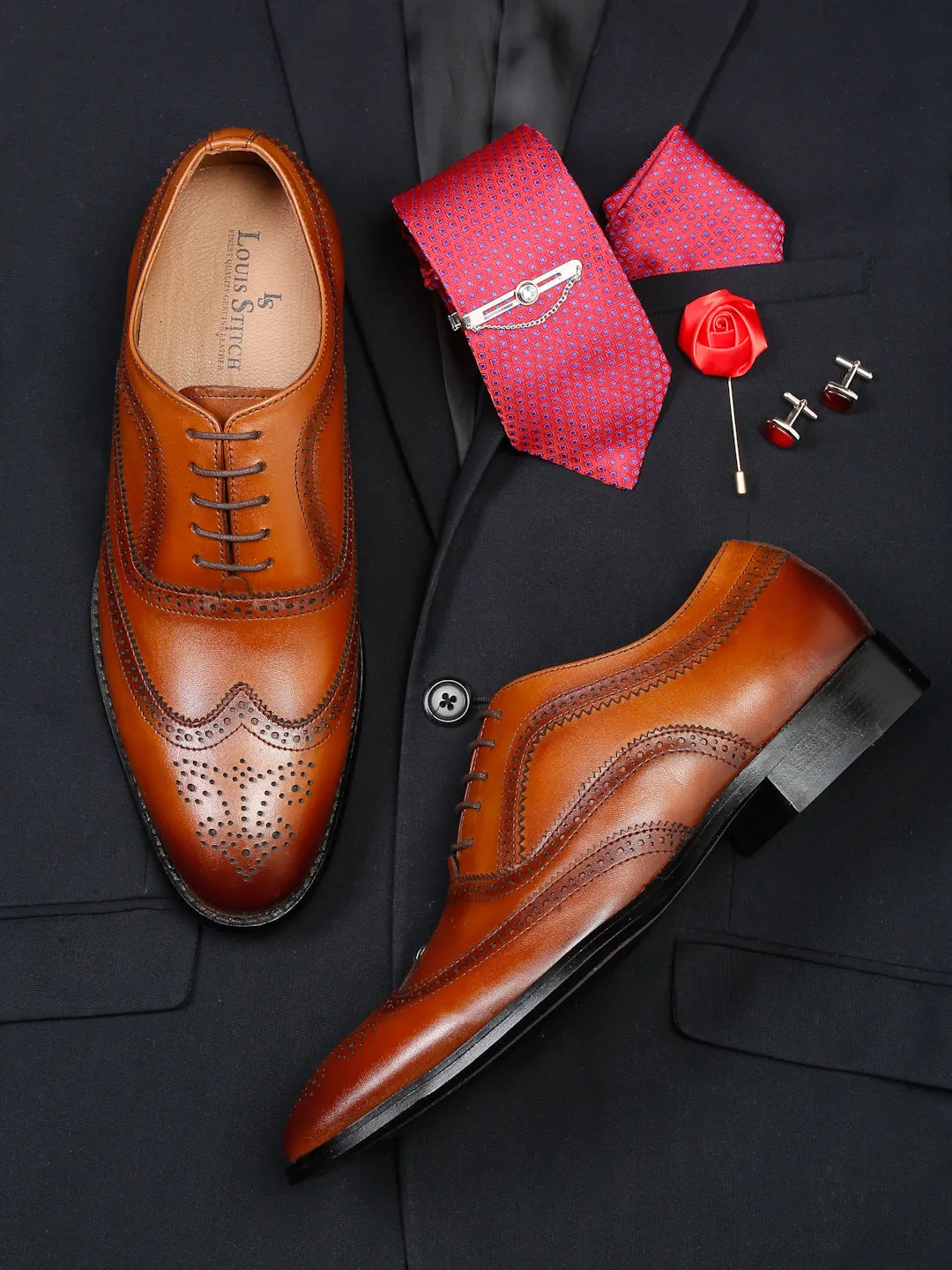 Men's Premium Italian Leather Handcrafted Tan Brogue Shoes