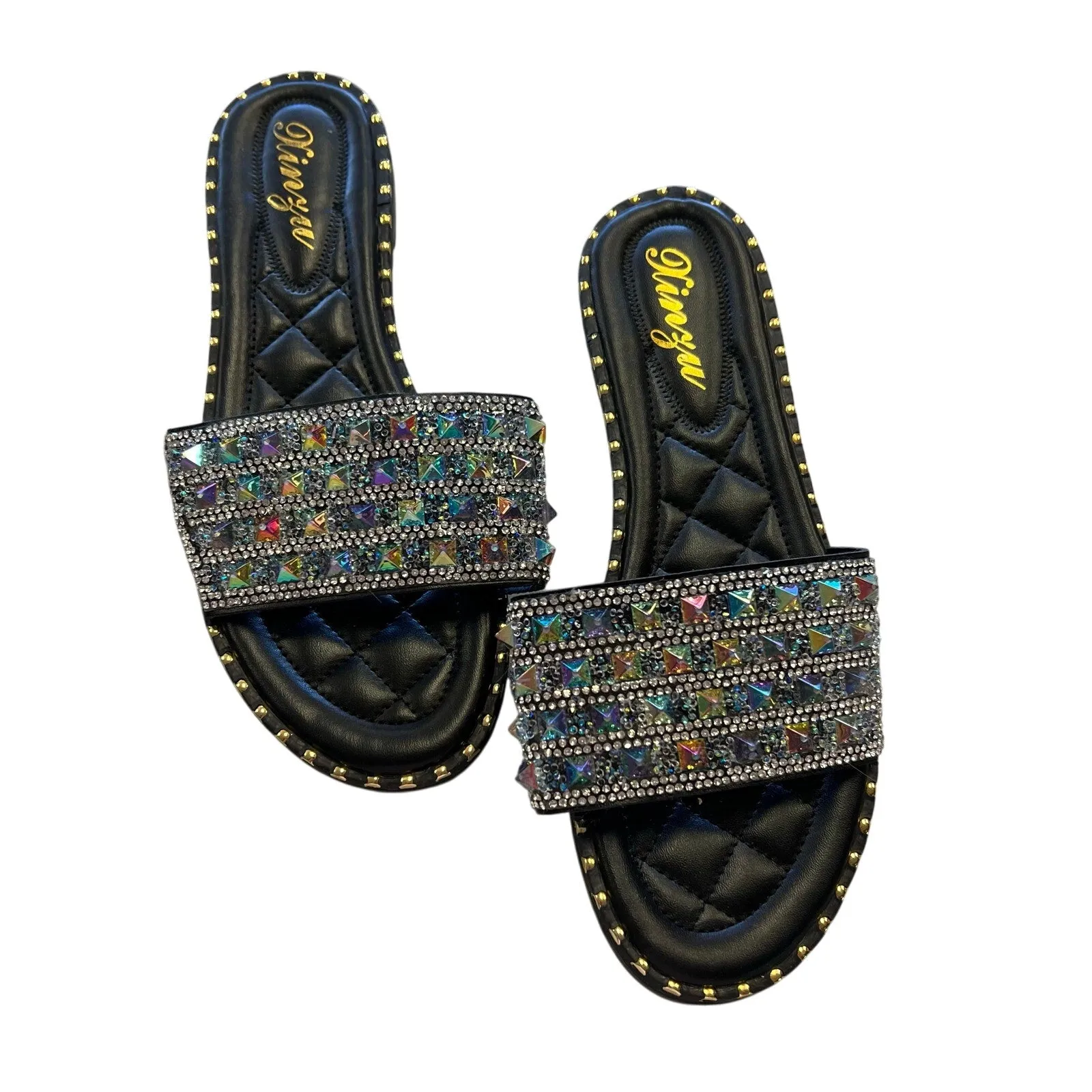 NEW Kinzu Black Quilted Rhinestone Jeweled Sandals Size 9