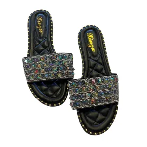 NEW Kinzu Black Quilted Rhinestone Jeweled Sandals Size 9