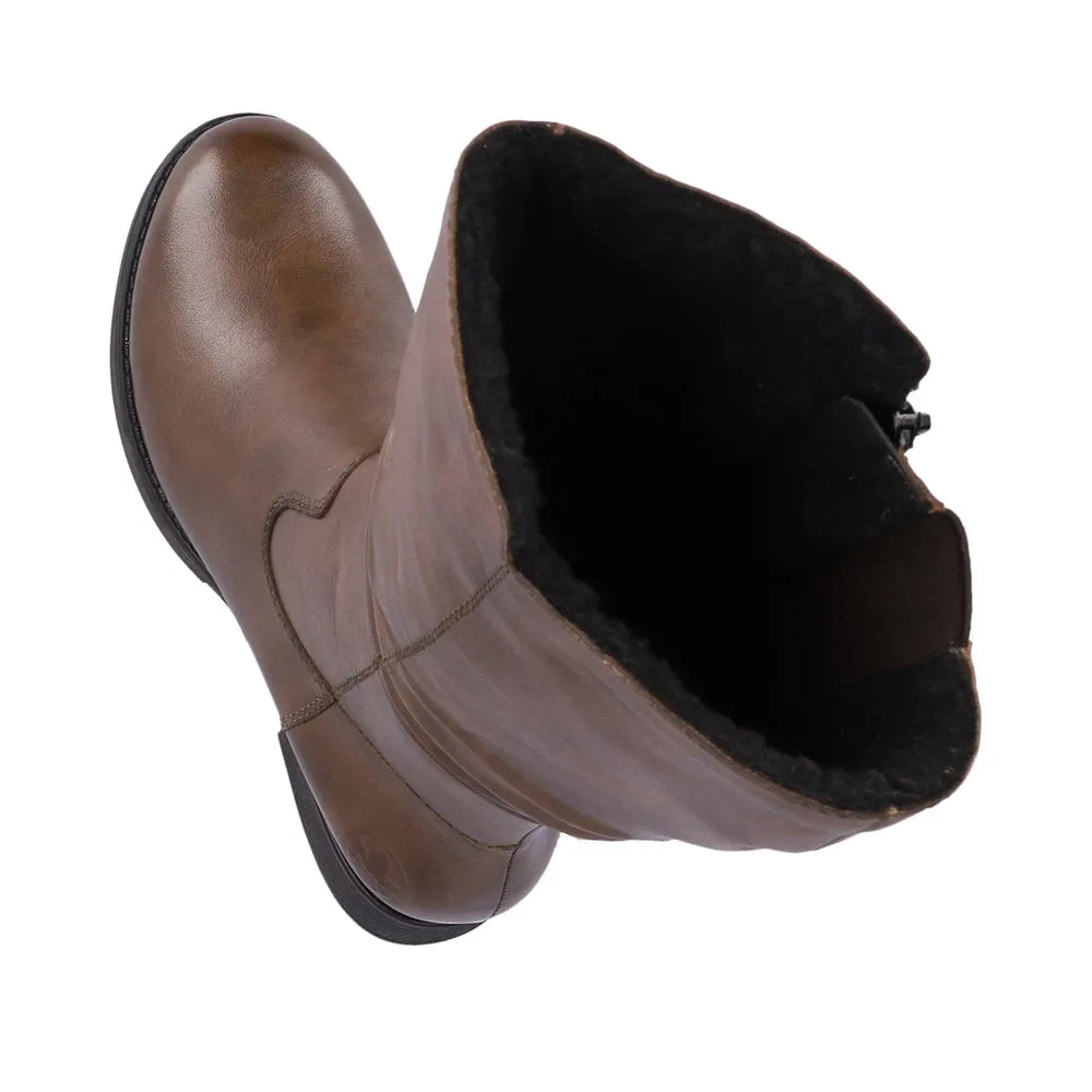 Rieker Z9563-22 Ladies Brown Leather Side Zip Mid-Calf Boots