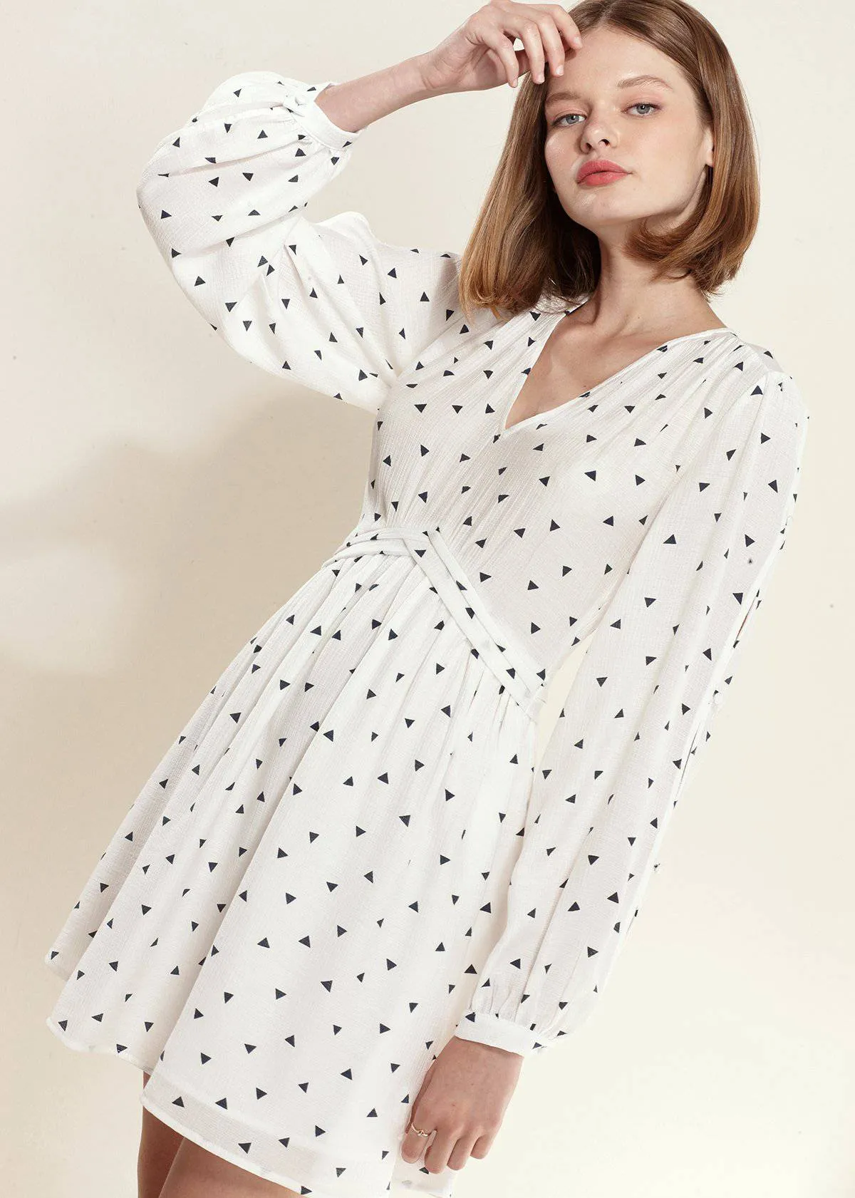 Triangle Print Long Sleeve Dress in White Triangle